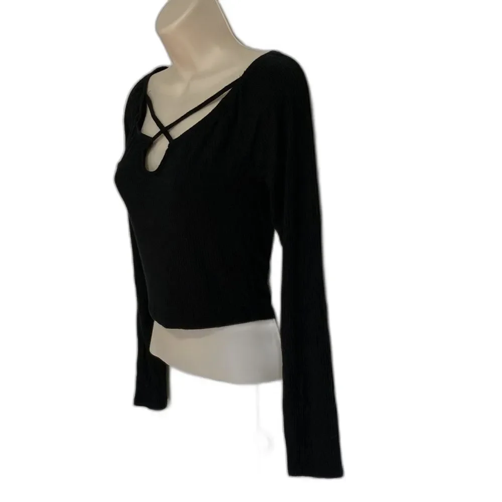 Criss Cross Sexy Black Ribbed Crop Top Sweater by ALMOST FAMOUS Womens Medium